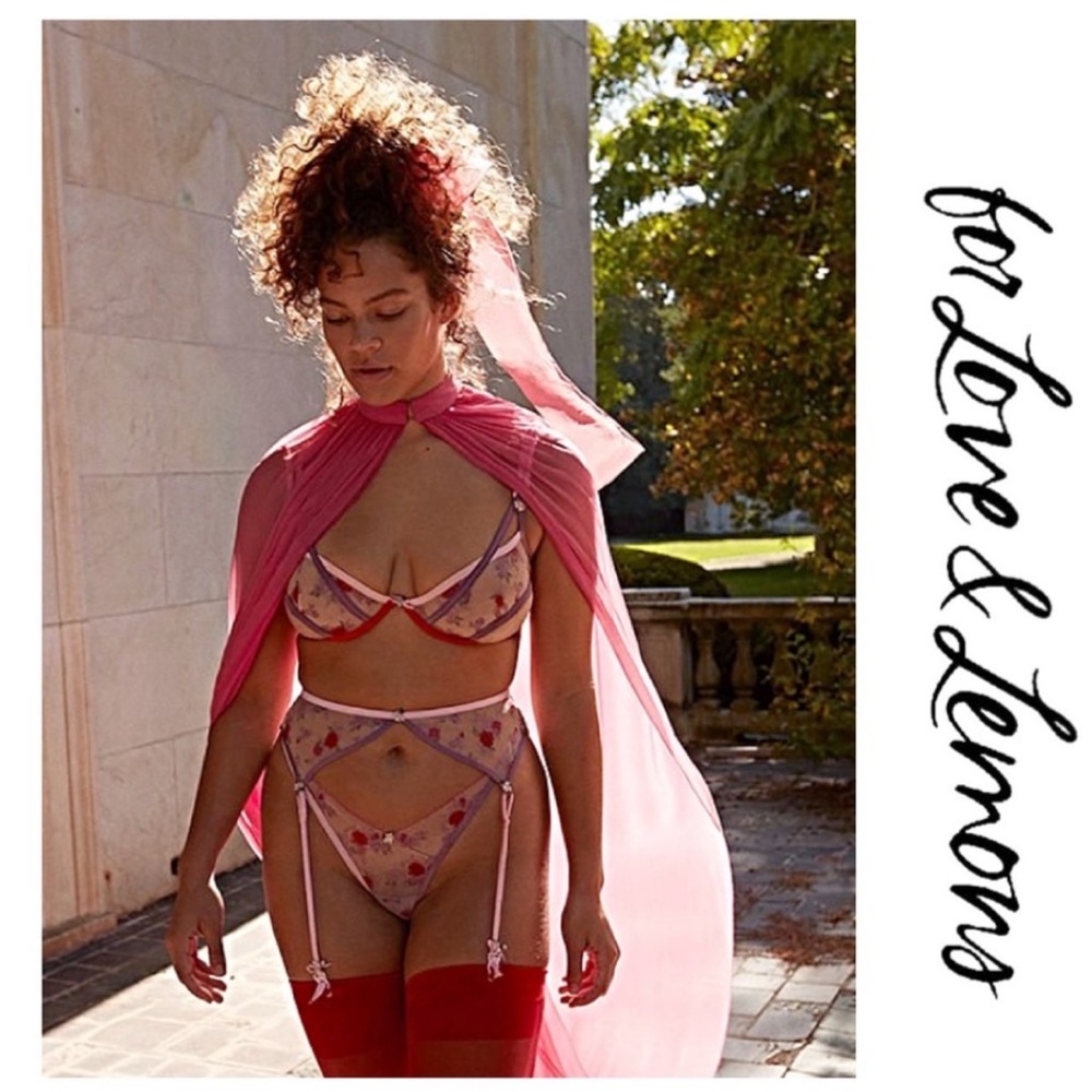 🍋NwTs-$158 FOR LOVE & LEMONS 2pc Rose Bra & Garter Belt Lingerie Set Underwire